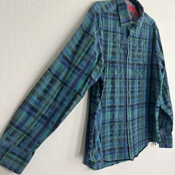 Robert Graham Dragon Embroidered Green & Blue Plaid Button Up Mens XL Shirt - Picture 9 of 11
